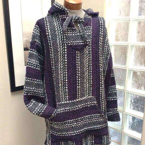 ÖLAND OUTDOORS Plus Sized Baja Surfer Hoodie Mexican Poncho Black Purple XXXL - Picture 1 of 5